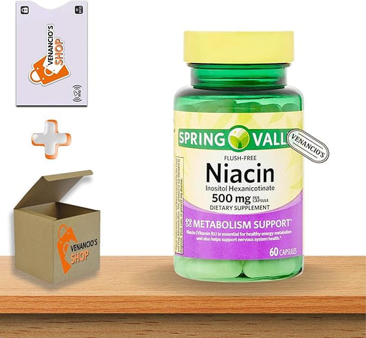 Vitamin B3 Niacin 500 mg Flush Free Capsules • Energy Metabolism Support • Nervous System Health • Dietary Supplement • 60 Pills by Spring Valley + Vena’s Sticker (Pack of 1)