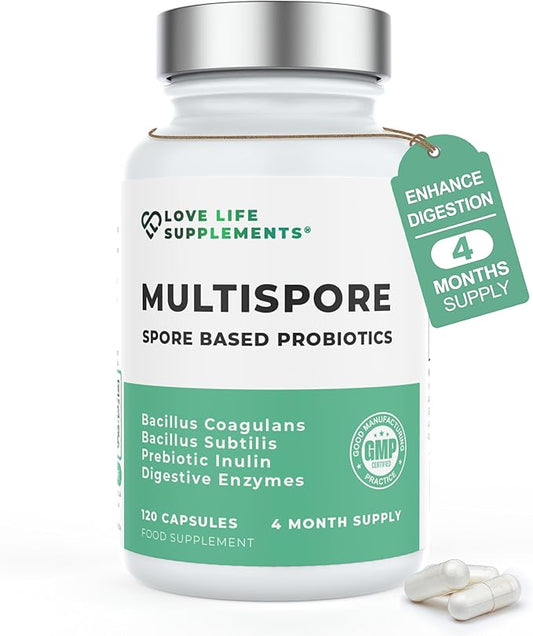 MultiSpore® Plus (Bacillus Coagulans & Bacillus Subtilis) Spore Based Probiotic | 120 Capsules - 4 Month Supply | Bloating Relief/Gut Health | Includes Digestive Enzymes & Prebiotic Inulin | UK Made