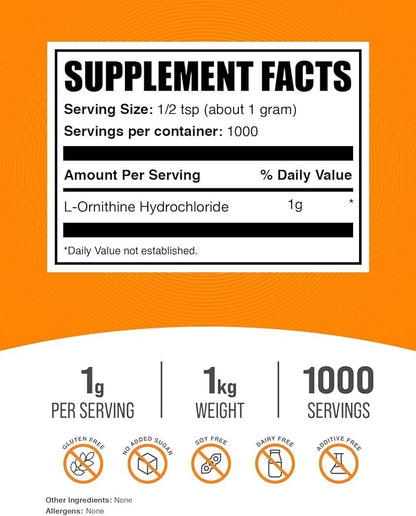 BulkSupplements.com L-Ornithine HCl Powder - Ornithine Supplement, Amino Acids Supplement - Gluten Free, 1g per Serving, 1kg (2.2 lbs) (Pack of 1)