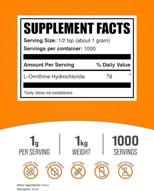 BulkSupplements.com L-Ornithine HCl Powder - Ornithine Supplement, Amino Acids Supplement - Gluten Free, 1g per Serving, 1kg (2.2 lbs) (Pack of 1)