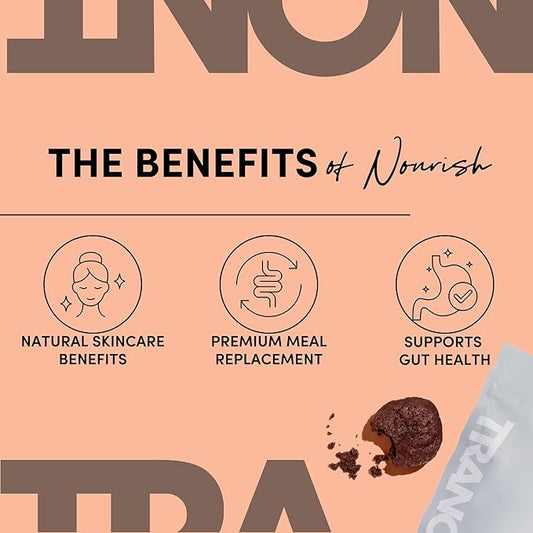 Tranont Nourish GOS Prebiotic Meal Replacement Shake | Brownie Batter Flavor | 14.3 oz | Supports Gut Health & Skin Care | Packed with Vitamins & Minerals | Vegan | Protein Powder | Vitamin C and B
