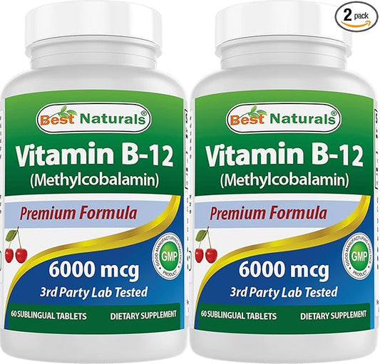 Best Naturals Vitamin B-12 as Methylcobalamin (Methyl B12), 6000 mcg 60 Sublingual Tablets (60 Count (Pack of 2))