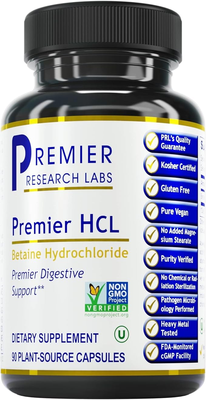 Premier Research Labs Premier HCL - Betaine HCL, Betaine Hydrochloride Supplement for Optimal Digestive Function, Nutrient Absorption, Betaine-HCL for Low Stomach Acid- 90 Vegetarian Capsules