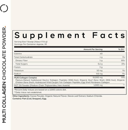 Codeage Multi Collagen Chocolate Protein Powder - Hydrolyzed Bovine Collagen Peptides, 5 Collagen Types & MCT Oil - Collagen Creamer, Chocolate Collagen Peptides - Protein Shakes - Non-GMO - 18.17 oz