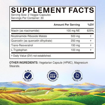 Vitalitown NMN Supplement Alternatives, NAD Supplement 1100mg Boosted with Resveratrol & Nicotinamide Riboside - Anti-Aging Cellular Energy, Longevity - Enhanced Absorption Formula - 60 Vegan Capsules