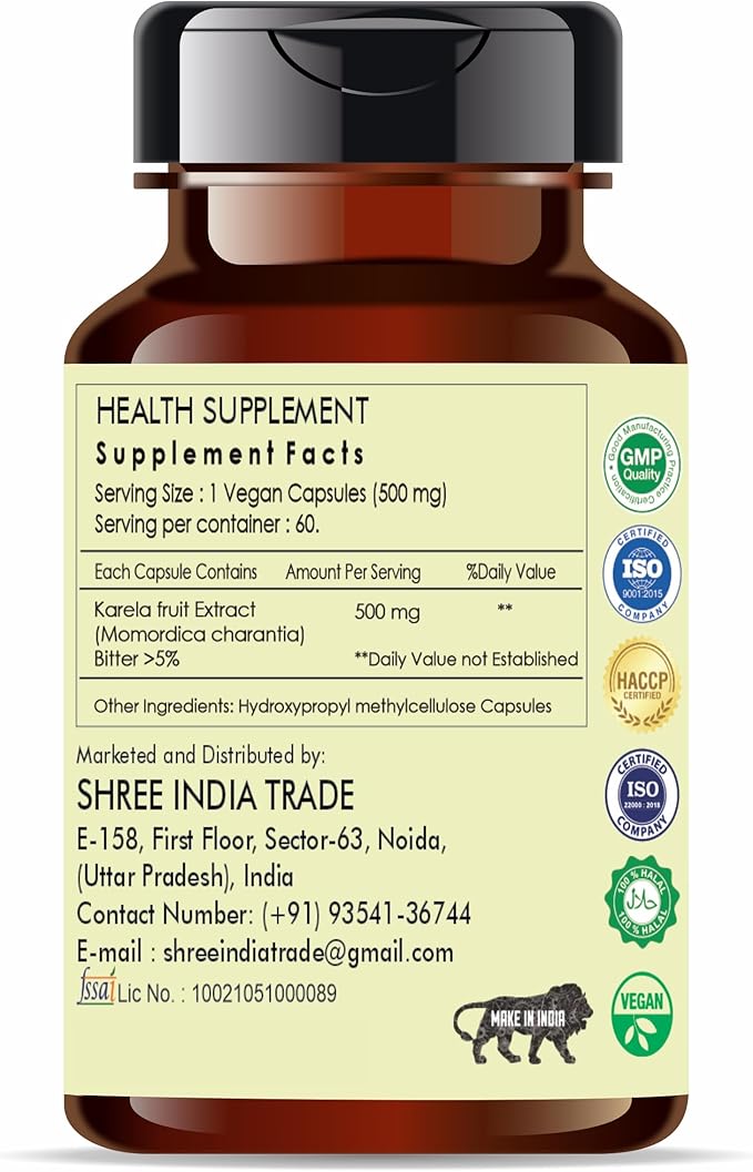 Karela Extract 500mg - 60 Vegetarian Capsules|Momordica Charantia| All Natural | 100% Vegan | Gluten-Free | GMP Certified