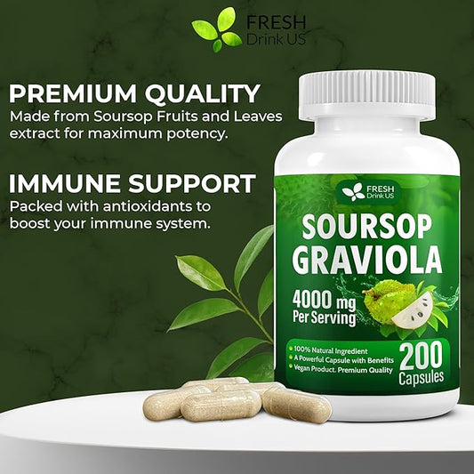 FRESHDRINKUS, Premium 200 Soursop Capsules, 4000mg per Serving, 100 Days Supply – 100% from Natural Soursop Graviola Fruits and Leaves Extract, Vegan Capsules, Non-GMO, Gluten-Free.