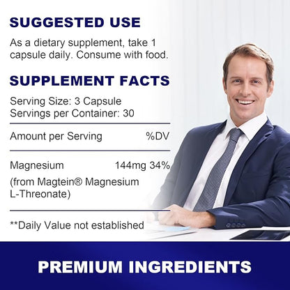 Magnesium L-Threonate Capsules, Original Patented Magtein™ Form of Magnesium (Mg), Improve Memory, Cognition and Sleep Quality (90 Capsules)