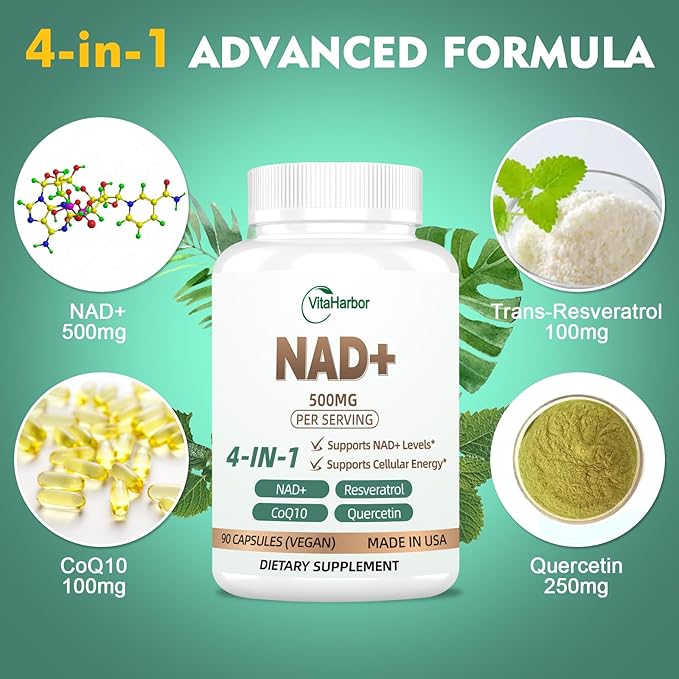 NAD Supplement 500mg, Pure Organic NAD+ Supplement for Women & Men, NAD+ with Trans-Resveratrol & CoQ10 & Quercetin for Cellular Energy & Healthy Aging, NMN Alternative (90 Vegan Caps)