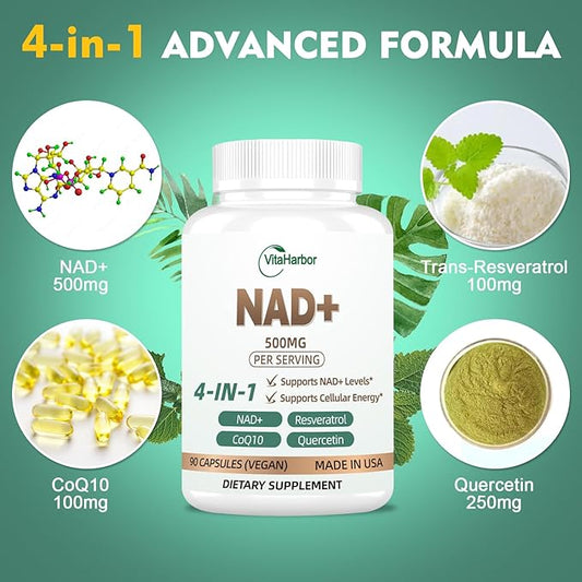 NAD Supplement 500mg, Pure Organic NAD+ Supplement for Women & Men, NAD+ with Trans-Resveratrol & CoQ10 & Quercetin for Cellular Energy & Healthy Aging, NMN Alternative (90 Vegan Caps)
