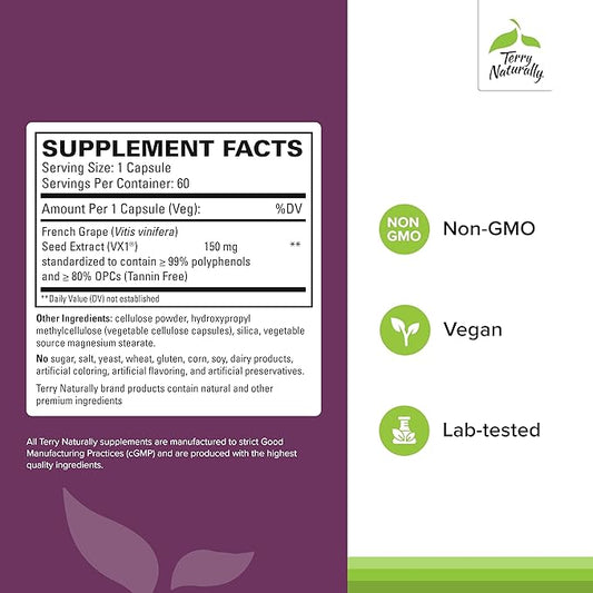 Terry Naturally Clinical OPC - Cardiovascular Health & Focus Support Supplement - Dietary Supplement with Grape Seed Extract & Sunflower Lecithin - Immune Support Supplement - 150 mg - 60 Capsules