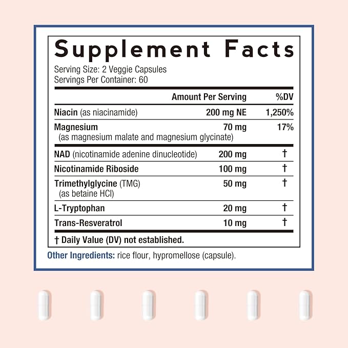 Doctor's Recipes NAD Supplement, Nicotinamide Riboside, Resveratrol, NMN Alternative for Anti-Aging, w/Magnesium Glycinate & L-Tryptophan, 650mg Per Serving, Energy & Mood Boost, 120 Vegan Capsules