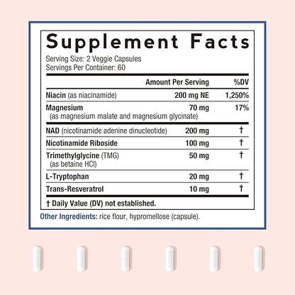 Doctor's Recipes NAD Supplement, Nicotinamide Riboside, Resveratrol, NMN Alternative for Anti-Aging, w/Magnesium Glycinate & L-Tryptophan, 650mg Per Serving, Energy & Mood Boost, 120 Vegan Capsules