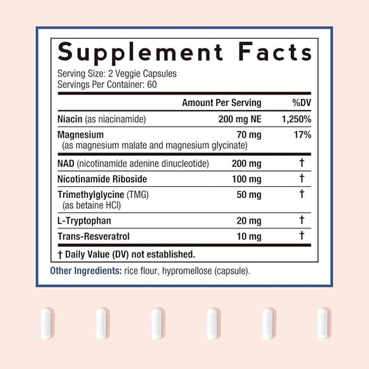 Doctor's Recipes NAD Supplement, Nicotinamide Riboside, Resveratrol, NMN Alternative for Anti-Aging, w/Magnesium Glycinate & L-Tryptophan, 650mg Per Serving, Energy & Mood Boost, 120 Vegan Capsules