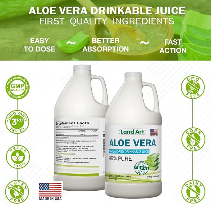 Pure Aloe Vera Juice Unflavored – Cold-Processed - 99.7% Organic Aloe Vera Inner Fillet from Fresh Texas Leaves – Digestive Health, Detox and Natural Wellness – 64 fl oz (Pack of 2)