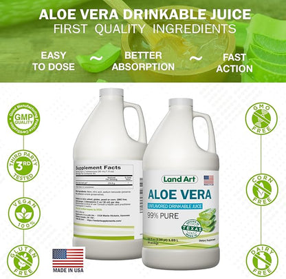 Pure Aloe Vera Juice Unflavored – Cold-Processed - 99.7% Organic Aloe Vera Inner Fillet from Fresh Texas Leaves – Digestive Health, Detox and Natural Wellness – 64 fl oz (Pack of 2)