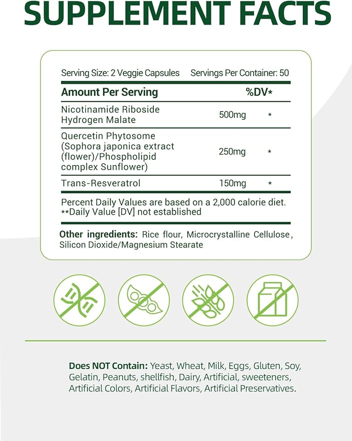 NAD+ Supplement with, Nicotinamide Riboside & Resveratrol 900mg – Anti-Aging Support for Women & Men, NMN Alternative, Vegan Non-GMO - 100 Capsules