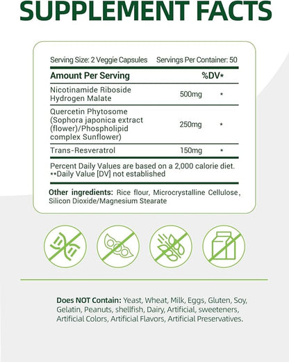 NAD+ Supplement with, Nicotinamide Riboside & Resveratrol 900mg – Anti-Aging Support for Women & Men, NMN Alternative, Vegan Non-GMO - 100 Capsules
