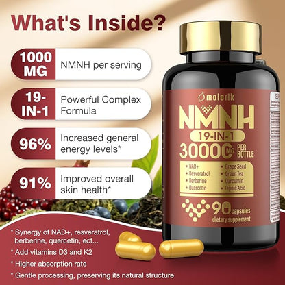 19 in 1 NMNH (Dihydronicotinamide Mononucleotide) 1000mg Per Serving, NAD Supplement Boost NAD+, NAD Resveratrol Supplement with Quercetin, Berberine for Healthy Aging, Energy, 90 Capsule-2PACK