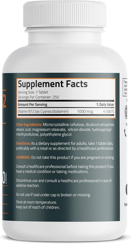 Bronson Vitamin B12 1000mcg Once Daily Formula Non-GMO, 250 Vegetarian Tables