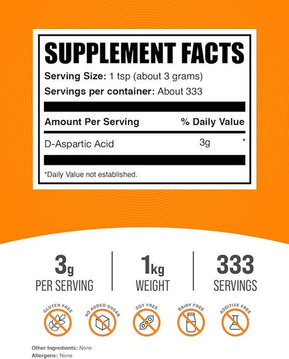 BulkSupplements.com D-Aspartic Acid Powder - D-Aspartic Acid Supplement for Men, Unflavored Amino Acid - Pure & Gluten Free, 3g per Serving, 1kg (2.2 lbs) (Pack of 1)