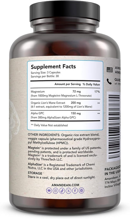 AMANDEAN Brain Supplement. Nootropic Cognitive Support for Memory, Focus, Clarity. Magnesium L-Threonate (Magtein), Lion's Mane Mushroom Extract, Alpha GPC Choline Complex. 90 Veggie Capsules.