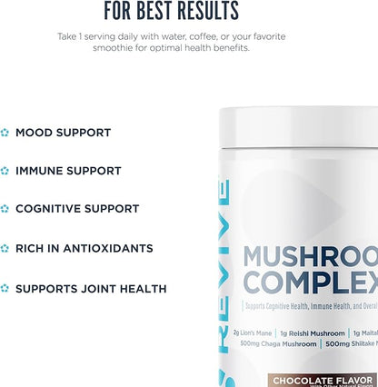Revive MD Mushroom Powder, Chocolate - Mushroom Supplement Supports Focus, Cognitive, Immune & Brain Health with a Blend of Lion's Mane, Reishi, Chaga, Shiitake & Maitake - Gluten-Free - 30 Servings