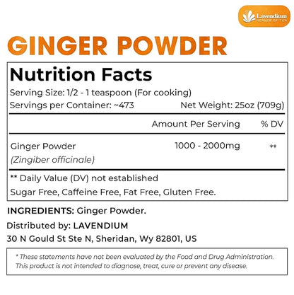 Lavendium, Premium 25oz (1.56 lbs) Ginger Powder – Ground Ginger Root – Pure, No Additives – Ideal for Cooking, Baking, Smoothies, and Spice Blends. No Sugar, No Caffeine, No Gluten, Vegan