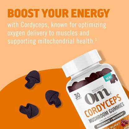 OM MUSHROOM SUPERFOOD Cordyceps Gummies, USA Grown Organic Mushrooms, Supports, Endurance, Energy, & Recovery, 60 Count, 30 Servings Gummy Supplements