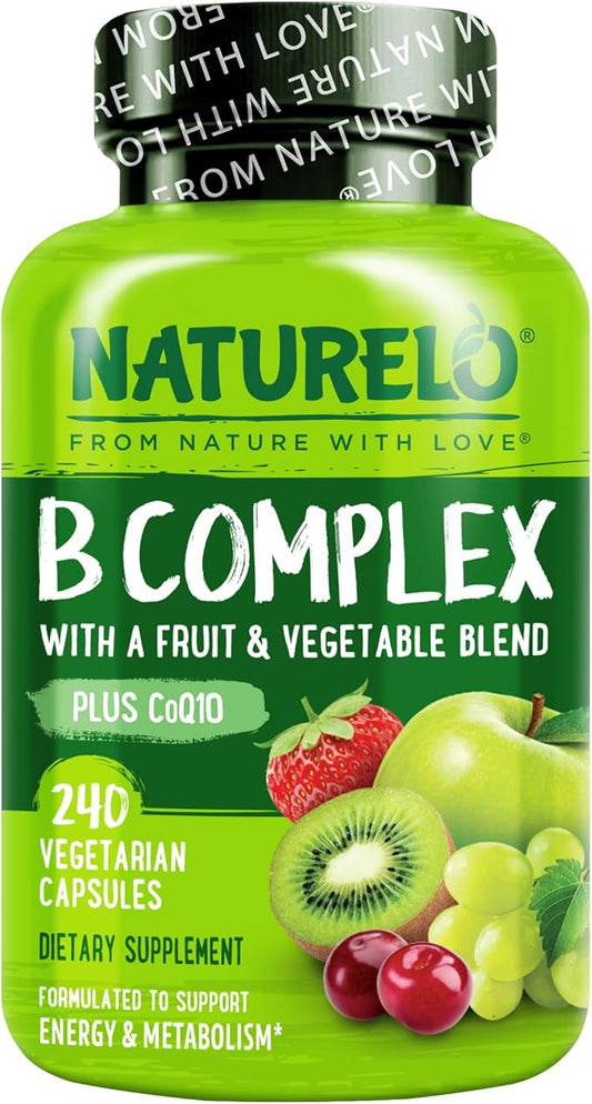 NATURELO Vitamin B Complex with Methyl B12, Methyl Folate, Vitamin B6, Biotin Plus Choline, CoQ10, and Fruit & Vegetable Blend - Supports Energy & Healthy Stress Response - Vegan - 240 Capsules