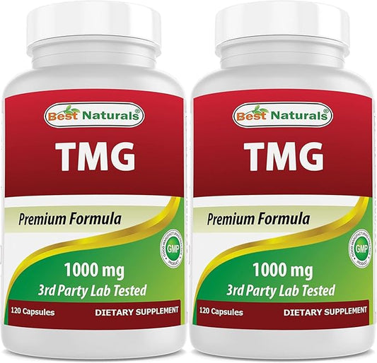 Best Naturals TMG Trimethylglycine (as Betaine Anhydrous) 1000 mg Serving - 120 Capsules - Healthy Homocysteine Levels & Methylation Support (120 Count (Pack of 2))