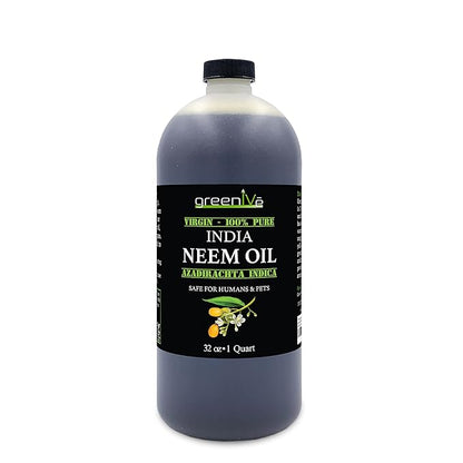 GreenIVe 100% Organically Grown Neem Oil, Cold-Pressed Virgin, Pure & Natural, 32 oz - Ideal for Gardening, Skin Care, Hair Care & Pet Care