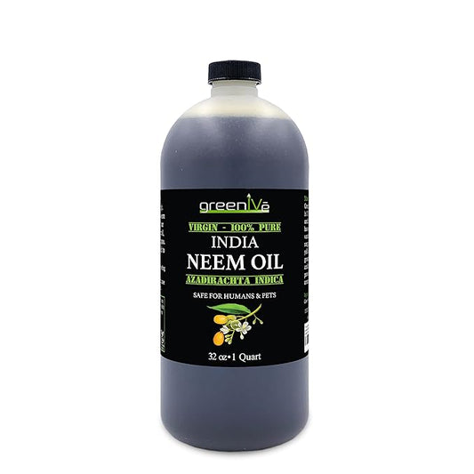 GreenIVe 100% Organically Grown Neem Oil, Cold-Pressed Virgin, Pure & Natural, 32 oz - Ideal for Gardening, Skin Care, Hair Care & Pet Care