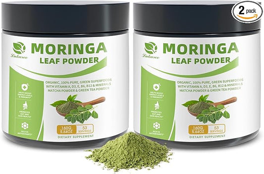 Organic Moringa Powder & Matcha Powder, Multi-Green Superfoods with Green Tea Resveratrol - Energy and Digestive Support, Rich in Antioxidants and Vitamin A D3 E B6 B12 Calcium, 5.64 oz 2 Pack
