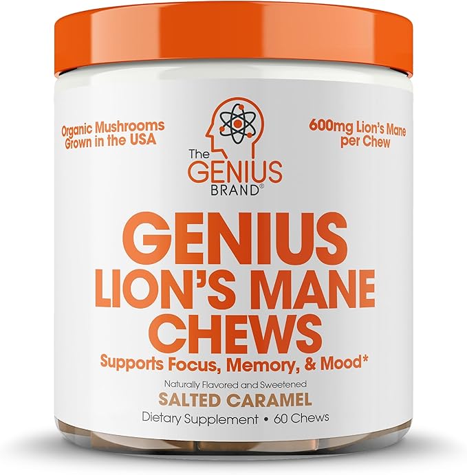Genius Lion's Mane Soft Chews Supplement – Nootropic Mushroom for Focus, Clarity, Memory, Energy, Brain Health Support – Salted Caramel Flavor