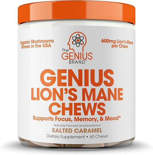 Genius Lion's Mane Soft Chews Supplement – Nootropic Mushroom for Focus, Clarity, Memory, Energy, Brain Health Support – Salted Caramel Flavor