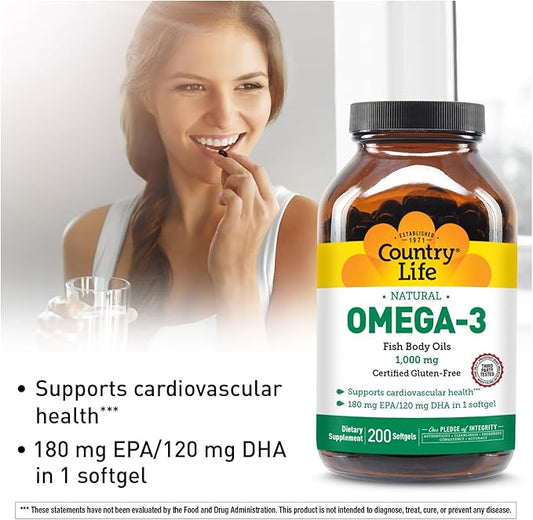 Country Life Omega-3 Fish Oil Supplement, 1000mg, 180mg EPA & 120mg DHA, Fish Oil Concentrate, Burpless, 200 Softgels, Certified Gluten Free
