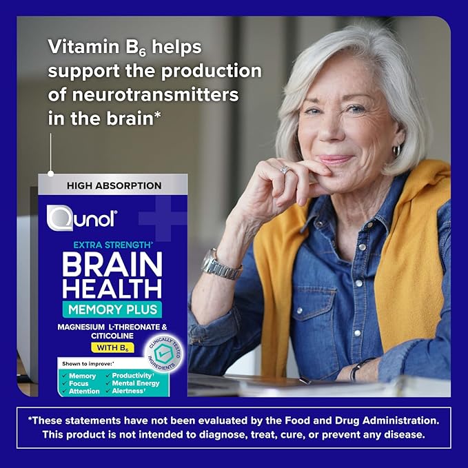 Qunol Brain Health Memory Plus with B6, Magnesium L-Threonate & Citicoline, Clinically Tested Ingredients to Improve Memory, Focus, Attention and Productivity, 90 Count