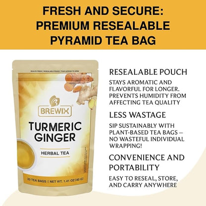 BREWIX, Turmeric Ginger Herbal Tea Bags (20 Pyramid Tea Bags) Real Ingredients From India, Naturally Caffeine Free | Pure Herbal Blend | Packed in Resealable Ziplock Pouch