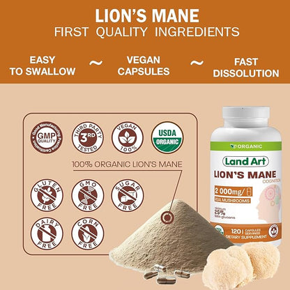 Land Art - Certified Organic Lion’s Mane – 2000mg – Memory, Focus & Mental Clarity – Nootropic Supplement for Cognitive Support – Multiple Extraction - Non-GMO - Vegan - Brain Health - 120 days supply