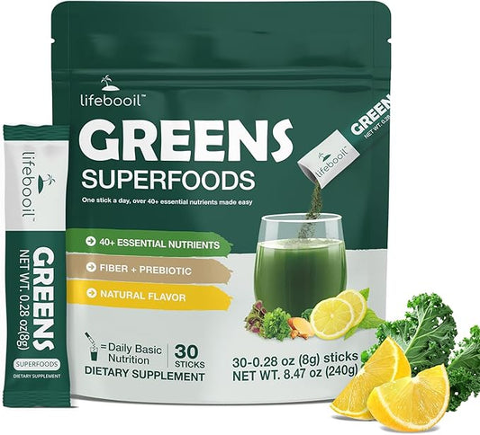 Super Greens Powder Stick Packs with 40+ Superfoods, Red Ginseng & Prebiotics | Gut Health & Energy Booster | 30 Single-Serve Packets