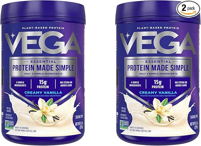 Vega Protein Made Simple Protein Powder, Vanilla - Stevia Free, Vegan, Plant Based, Healthy, Gluten Free, Pea Protein for Women and Men, 9.2 oz (Packaging May Vary) (Pack of 2)