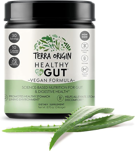 TERRA ORIGIN Healthy Gut Powder Vegan Formula | with L Glutamine, DGL Licorice Root Powder, MSM | Bloating and Leaky Gut | Gut Health for Women and Men | 30- Servings