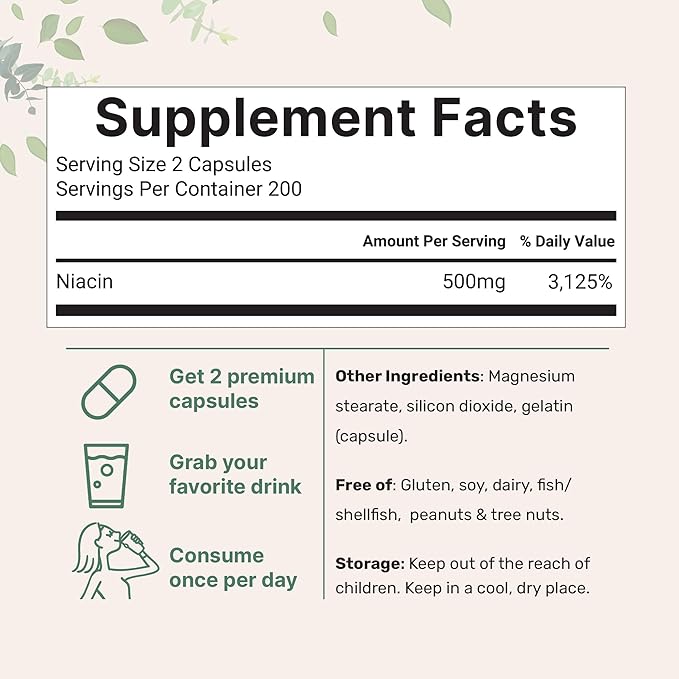 Micro Ingredients Niacin 500mg Per Serving, 400 Capsules | Flush Free B3 Vitamins | Double Strength Essential B Vitamin Supplement | Skin Care Health & Energy Support | Non-GMO, Gluten Free