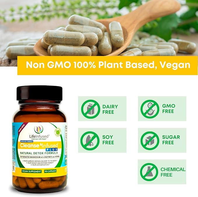 Life Infused Cleanse Infused Plus - Premium Natural Colon Cleanser with Oxygenated Magnesium, Herbs, and Enzymes, Helps Relieve Constipation Gently, Detoxifies Blood, Colon, Liver & Kidneys (90 Caps)