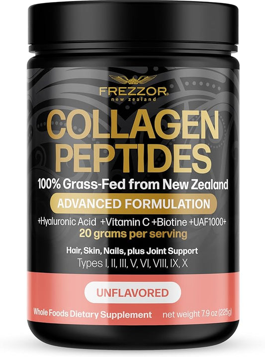 FREZZOR Collagen Peptides Powder, Reduces Fine Lines & Wrinkles, Stronger Hair & Nails, Promotes Youthful Flexibility & Mobility, 100% New Zealand Hydrolyzed Beef Bone Collagen, Unflavored 225g 1 Jar