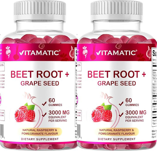 Vitamatic Beet Root Gummies - 3000mg Equivalent Per Serving - 60 Gummies - Made with Vitamin B6, B12, Grape Seed, Pomegranate & Nicotinamide (Pack of 2)