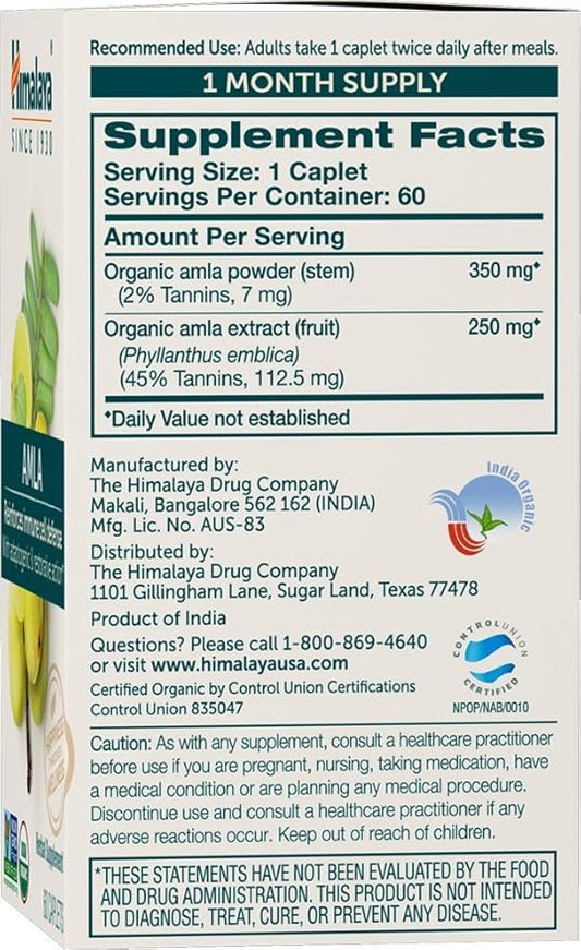 Himalaya Organic Amla/Amalaki for Active Immune Support and Cellular Defense, 600 mg, 60 Caplets, 2 Month Supply, 2 Pack