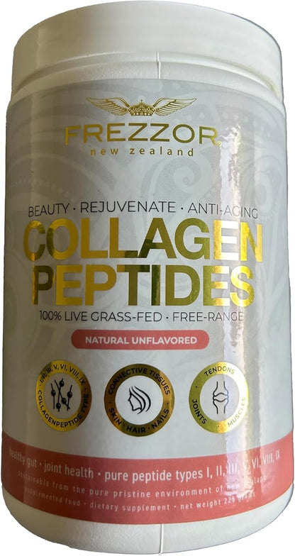 FREZZOR Collagen Peptides Powder, Reduces Fine Lines & Wrinkles, Stronger Hair & Nails, Promotes Youthful Flexibility & Mobility, 100% New Zealand Hydrolyzed Beef Bone Collagen, Unflavored 225g 1 Jar