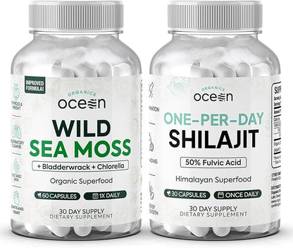 Wild Sea Moss Capsules and One-per-Day Shilajit for Men and Women - 100% Irish Sea Moss and Pure Shilajit Capsules - Thyroid Support for Women and Men